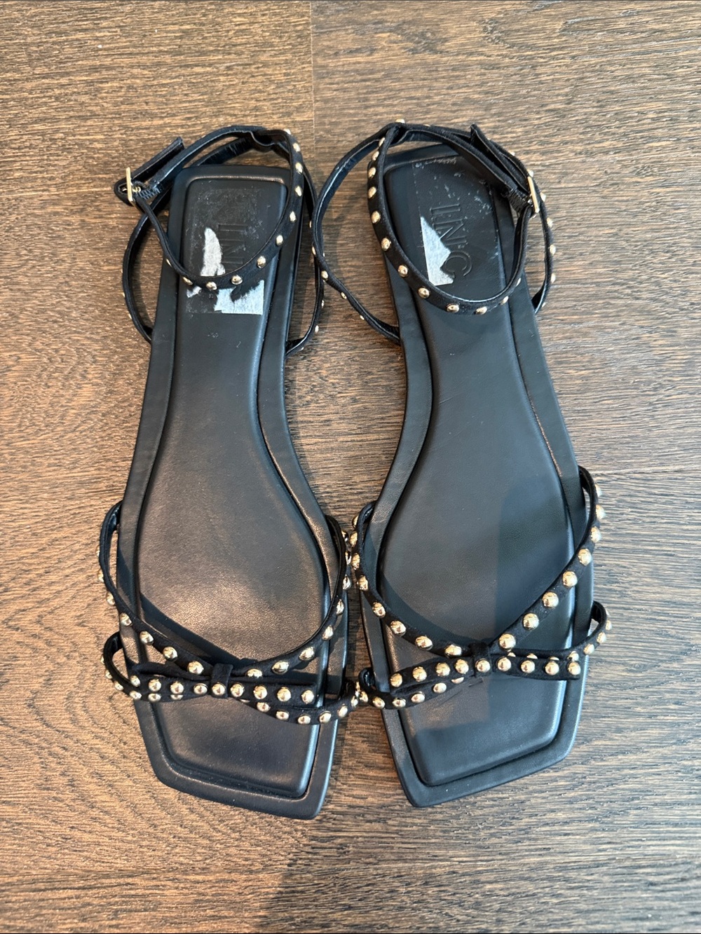 INC International Concepts Black Strappy Sandal with Gold Studs